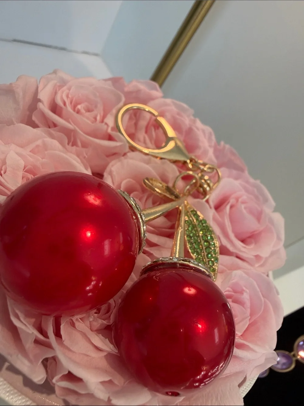 Cherry Keychain Charm in Metallic Red with Gold and Green Accents